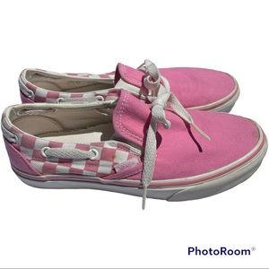 VANS SLIPON CHECKERED PINK AND WHITE SNEAKERS WOMANS SIZE 8, MENS SIZE 6.5